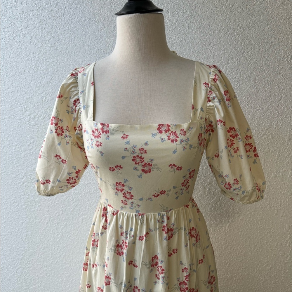 WAYF Whisper Cottage-Core‎ Square Neck Back Tie Ivory Floral Print Ivory Sz S - Picture 9 of 16